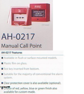 Manual call point AH-0217 dengan protective cover transparan dan fitur produk